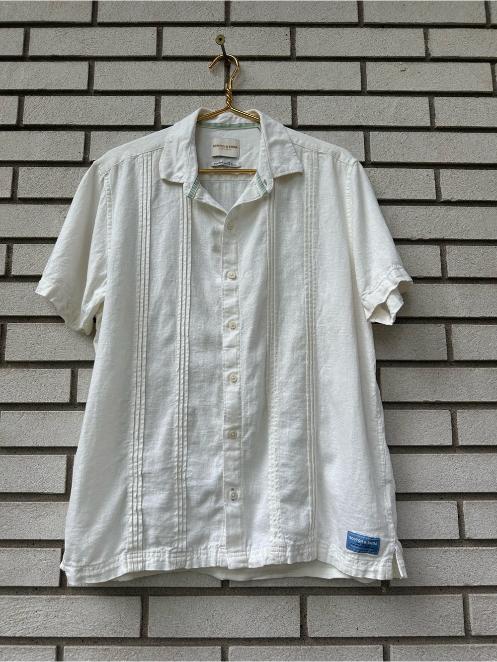 Scotch & Soda L Ivory Linen Blend Pintuck Short Sleeve Resort Shirt Men’s